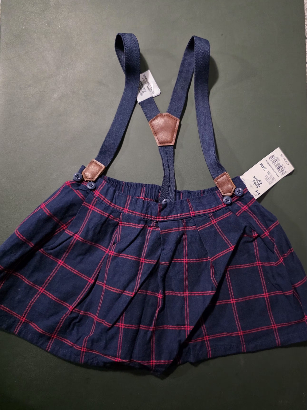 OshKosh B'gosh Navy Plaid Skirt-Shorts with Red Lines and Suspenders